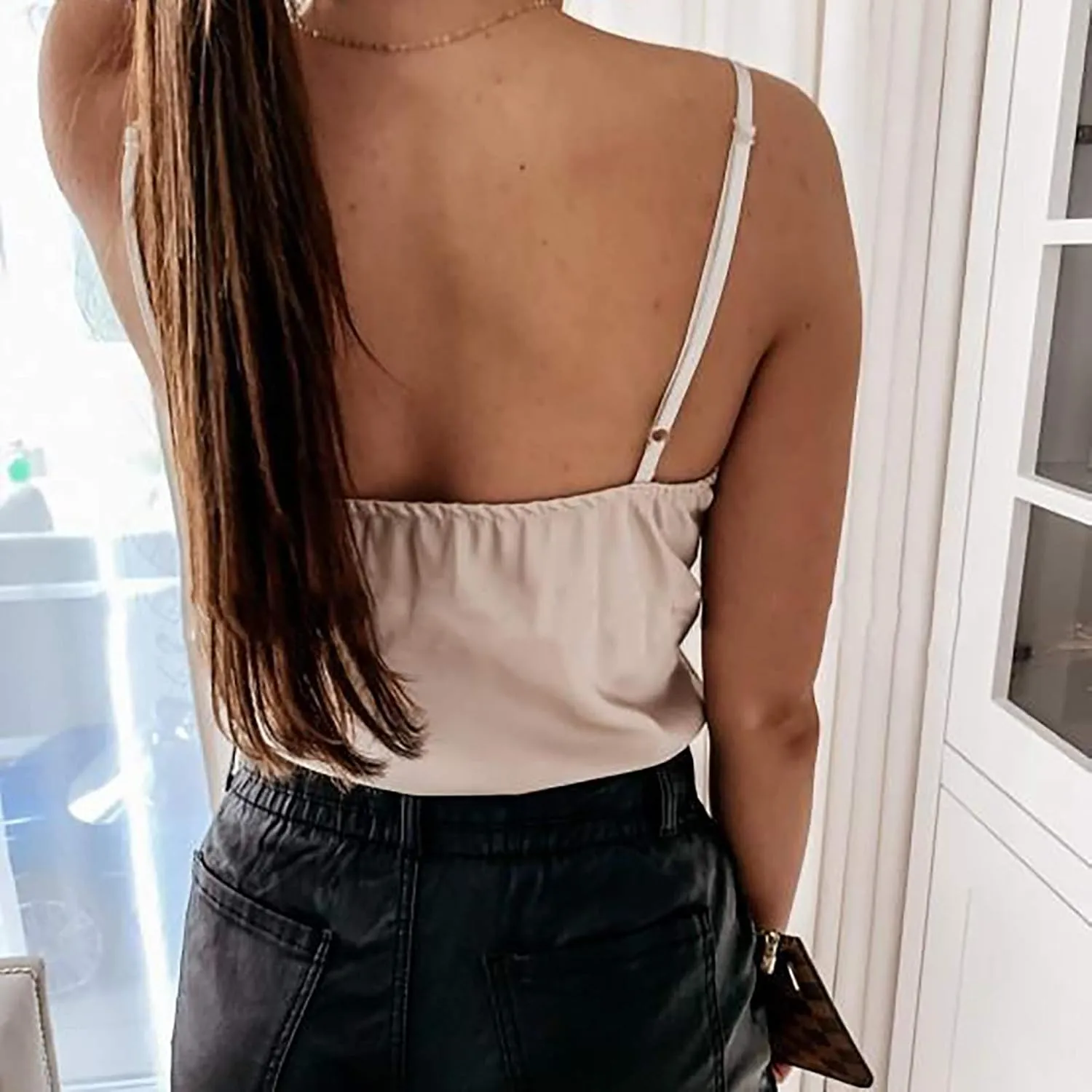 Silk Camisole Tops for Women Sexy V-Neck Silk Satin Tank Tops Lace Trimmed Camisole Adjustable Basic Tank Top