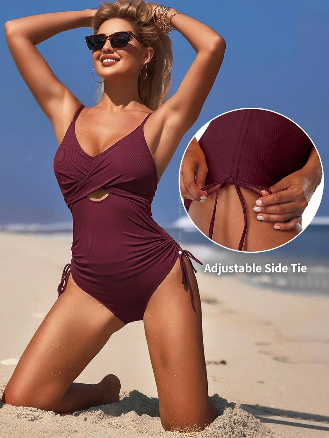 SOCIALA Ribbed One Piece Swimsuit Women Tie Side High Cut Bathing Suit Sexy Twist Front Push Up Monokini Swimwear