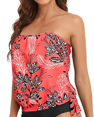 Strapless Tankini Tops For Women Swimwear Top Only-Red Floral