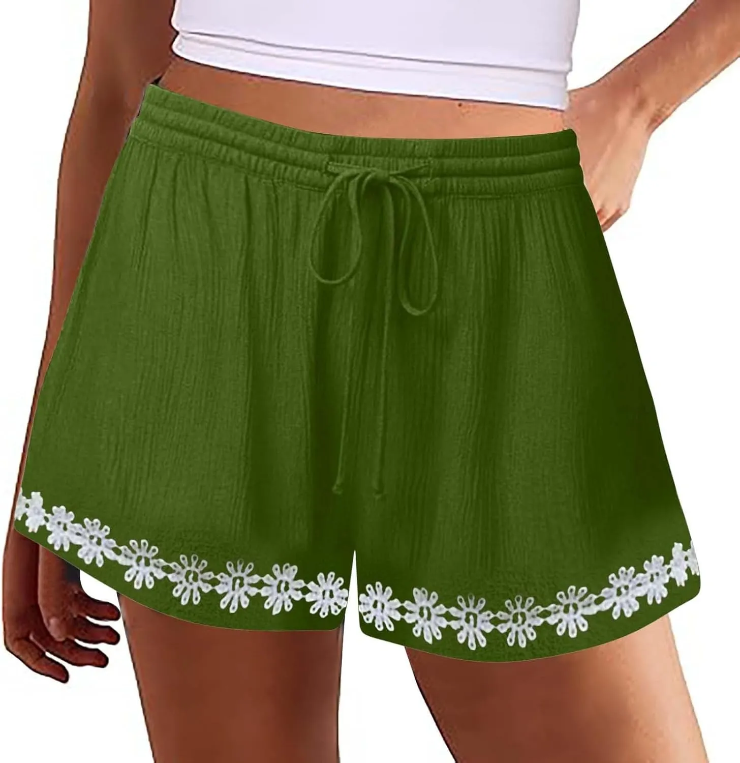 Summer Shorts for Women 2025 Trendy Casual Lace Hem Beach Shorts Plus Size Elastic High Waist Summer Wide Leg Short