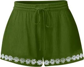 Summer Shorts for Women 2025 Trendy Casual Lace Hem Beach Shorts Plus Size Elastic High Waist Summer Wide Leg Short