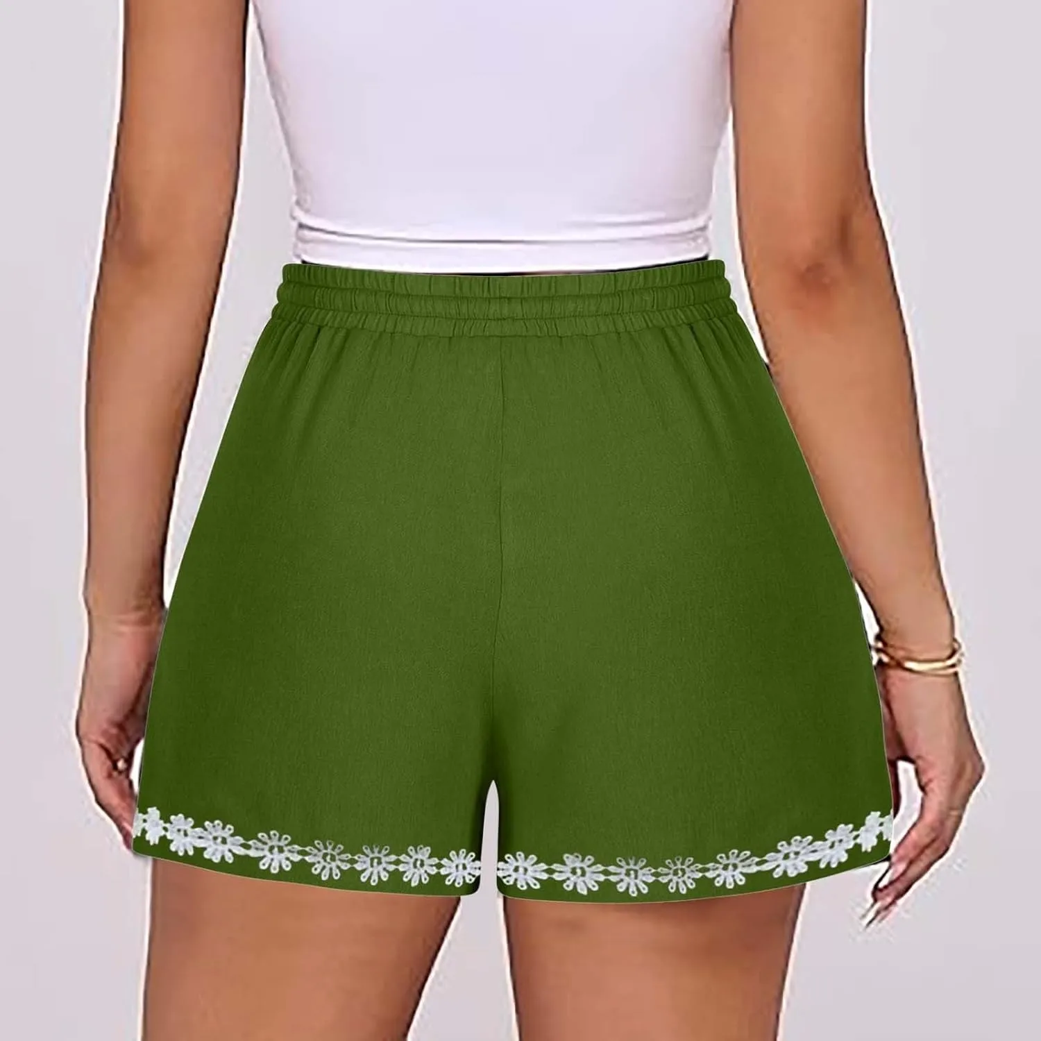 Summer Shorts for Women 2025 Trendy Casual Lace Hem Beach Shorts Plus Size Elastic High Waist Summer Wide Leg Short