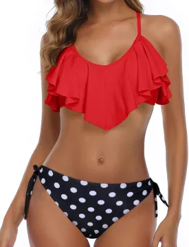 Tempt Me Two Piece Flounce Bikini Side Tie Bottom Padded Ruffled Top Swimsuit for Women Cross Back Bathing Suit