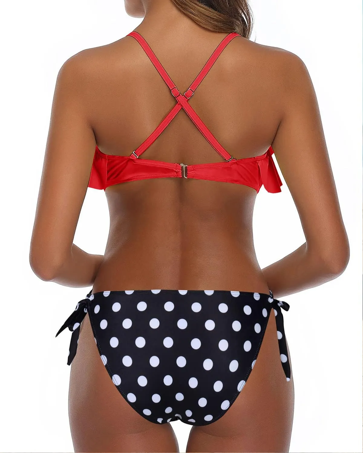 Tempt Me Two Piece Flounce Bikini Side Tie Bottom Padded Ruffled Top Swimsuit for Women Cross Back Bathing Suit