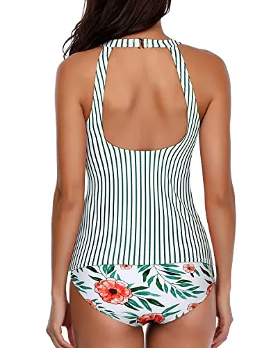 Tummy Control Tankini Swimsuits For Women With High Neck Halter Top And Shorts-White Floral