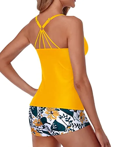 Tummy Control Two Piece Tankini Swimsuits For Women Boy Shorts-Yellow Floral