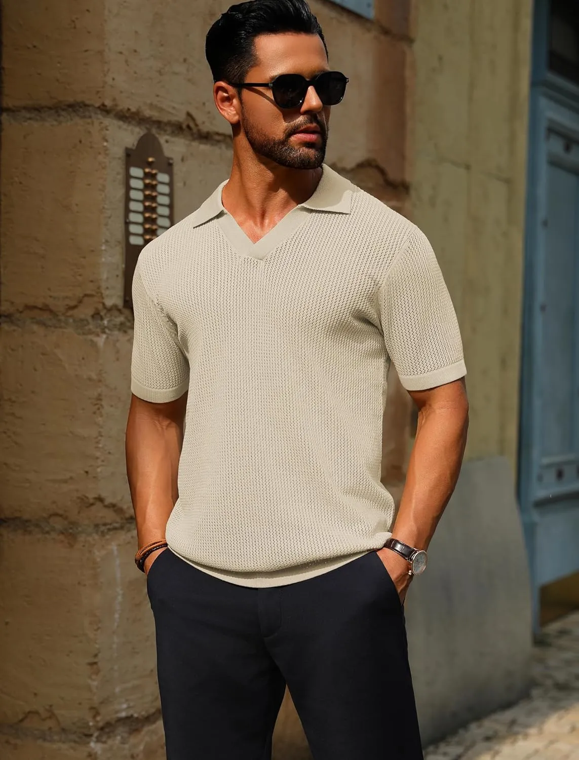 URRU Mens Polo Shirt Summer Casual Short Sleeve Hollow Out Shirts V Neck Lightweight Knitted Mesh Polo Shirt