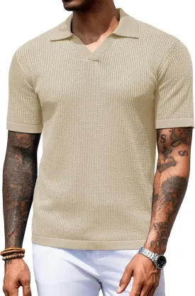 URRU Mens Polo Shirt Summer Casual Short Sleeve Hollow Out Shirts V Neck Lightweight Knitted Mesh Polo Shirt