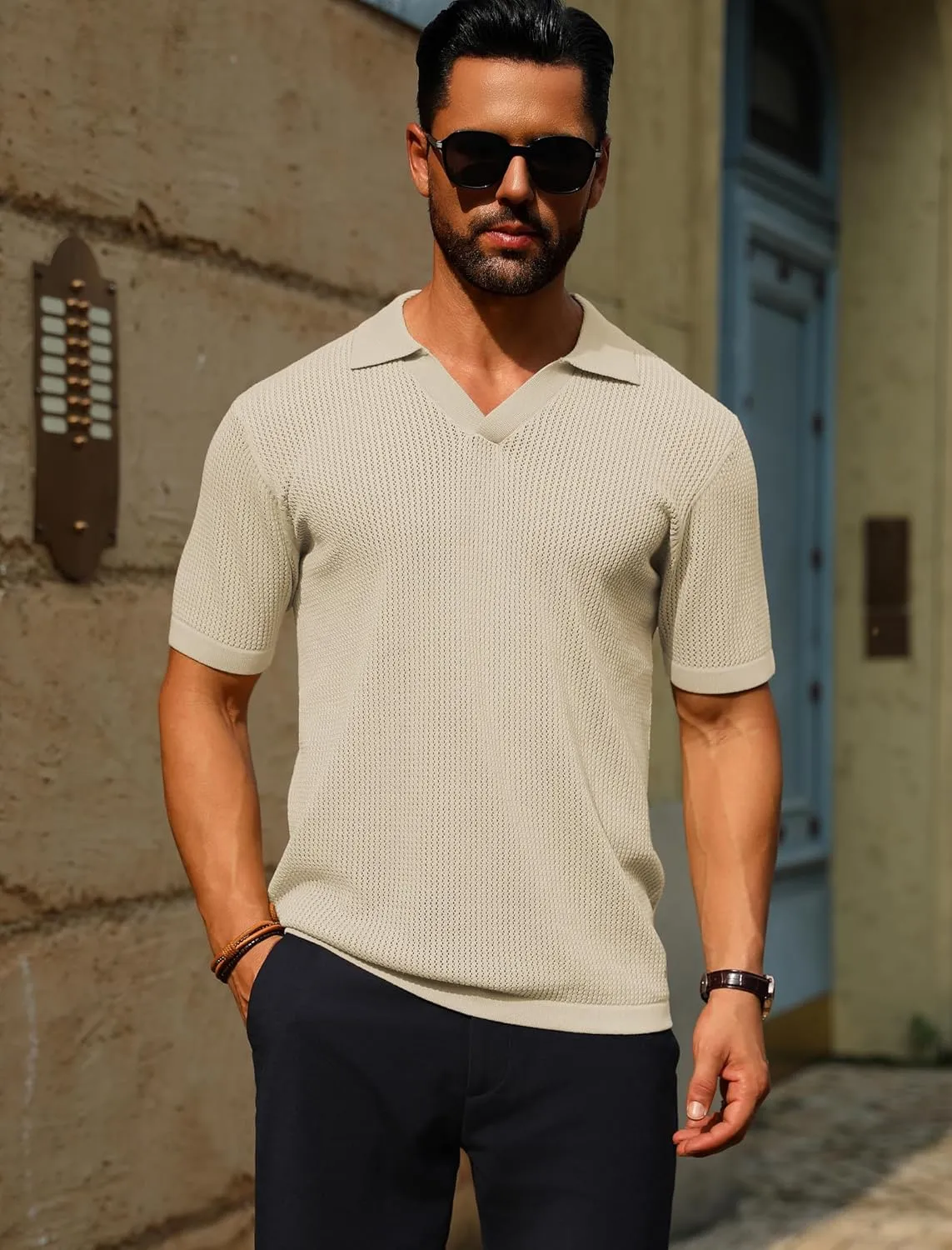 URRU Mens Polo Shirt Summer Casual Short Sleeve Hollow Out Shirts V Neck Lightweight Knitted Mesh Polo Shirt