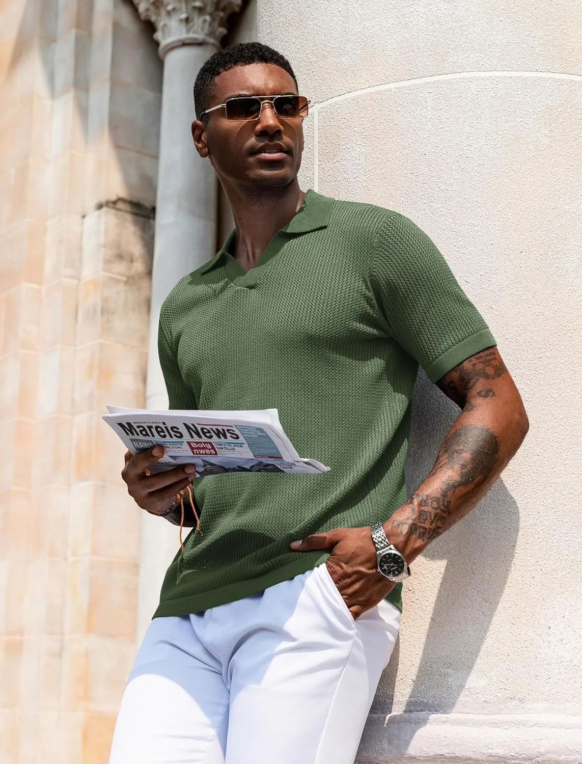 URRU Mens Polo Shirt Summer Casual Short Sleeve Hollow Out Shirts V Neck Lightweight Knitted Mesh Polo Shirt