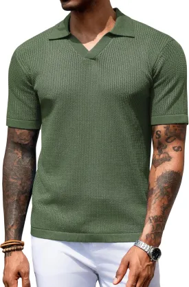 URRU Mens Polo Shirt Summer Casual Short Sleeve Hollow Out Shirts V Neck Lightweight Knitted Mesh Polo Shirt