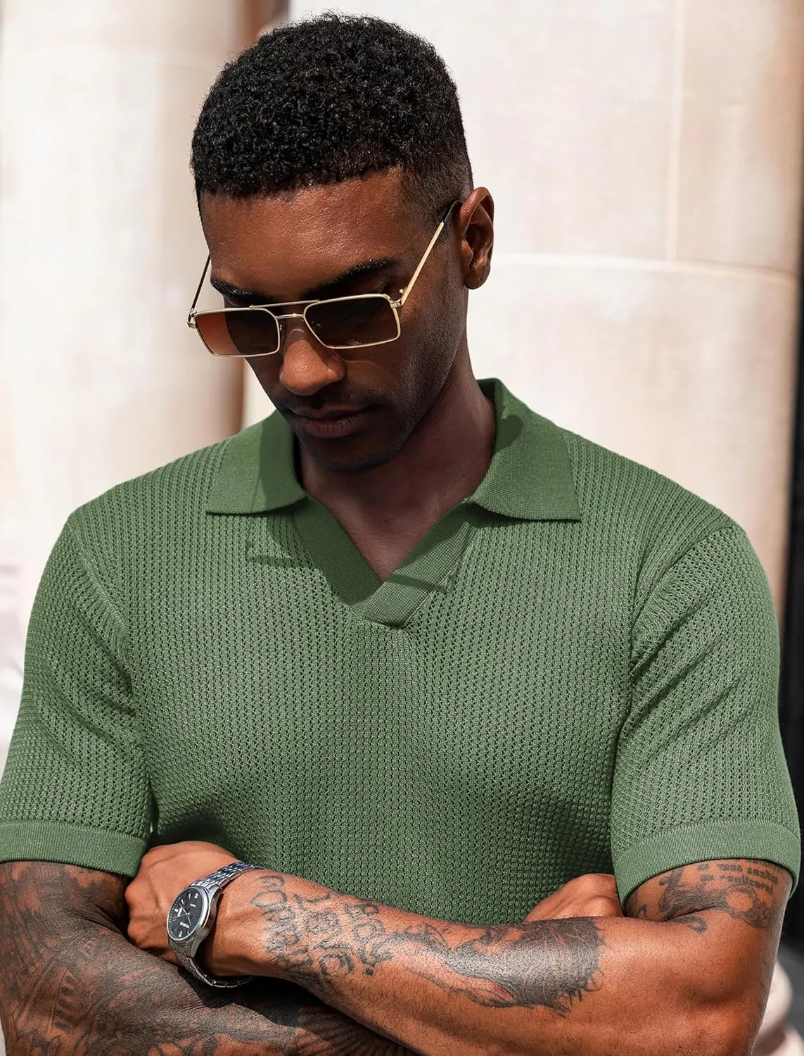 URRU Mens Polo Shirt Summer Casual Short Sleeve Hollow Out Shirts V Neck Lightweight Knitted Mesh Polo Shirt