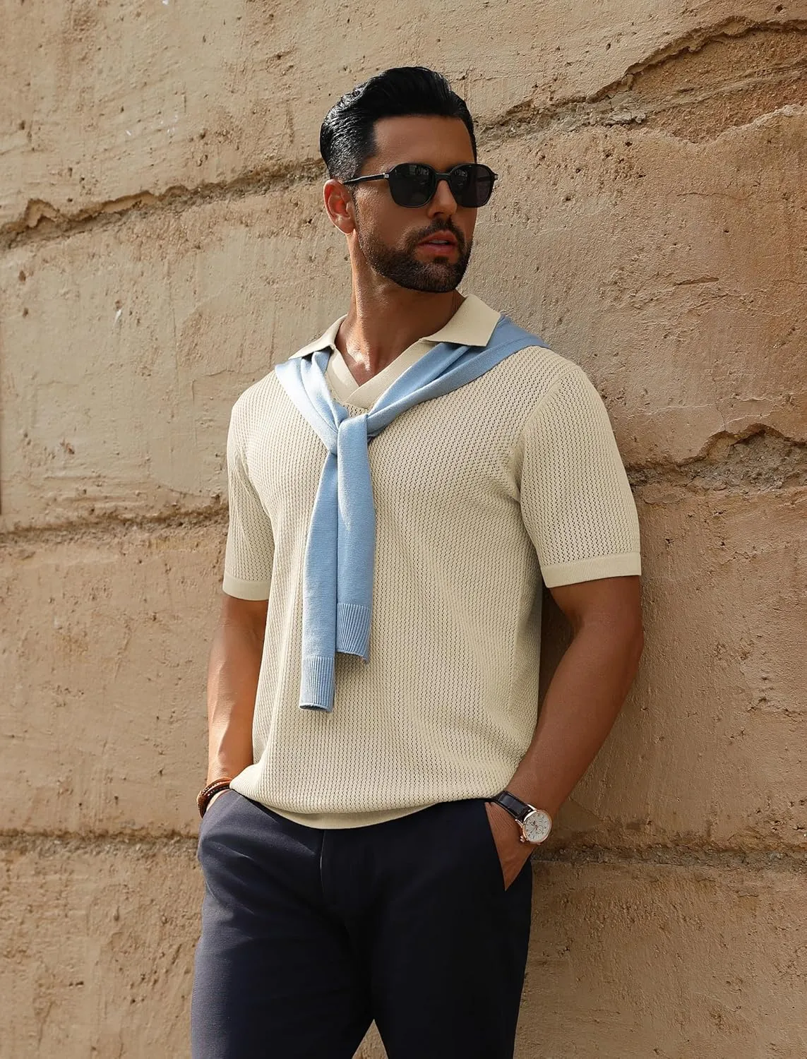 URRU Mens Polo Shirt Summer Casual Short Sleeve Hollow Out Shirts V Neck Lightweight Knitted Mesh Polo Shirt