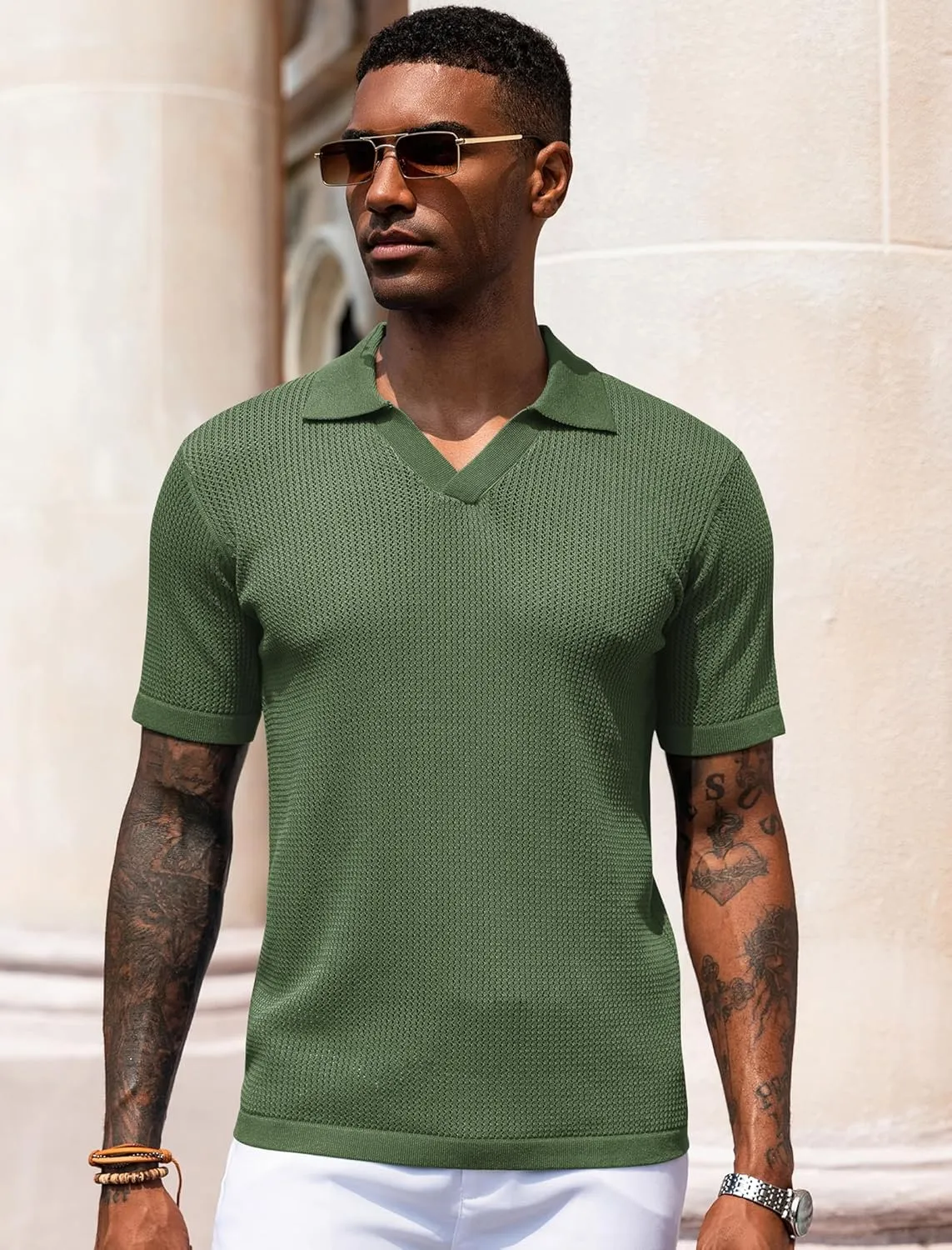 URRU Mens Polo Shirt Summer Casual Short Sleeve Hollow Out Shirts V Neck Lightweight Knitted Mesh Polo Shirt