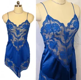 VINTAGE JENELLE OF CALIFORNIA LACE HANDKERCHIEF NIGHTGOWN IN COBALT BLUE   BLUE NIGHTGOWN DESIGNER GOWN