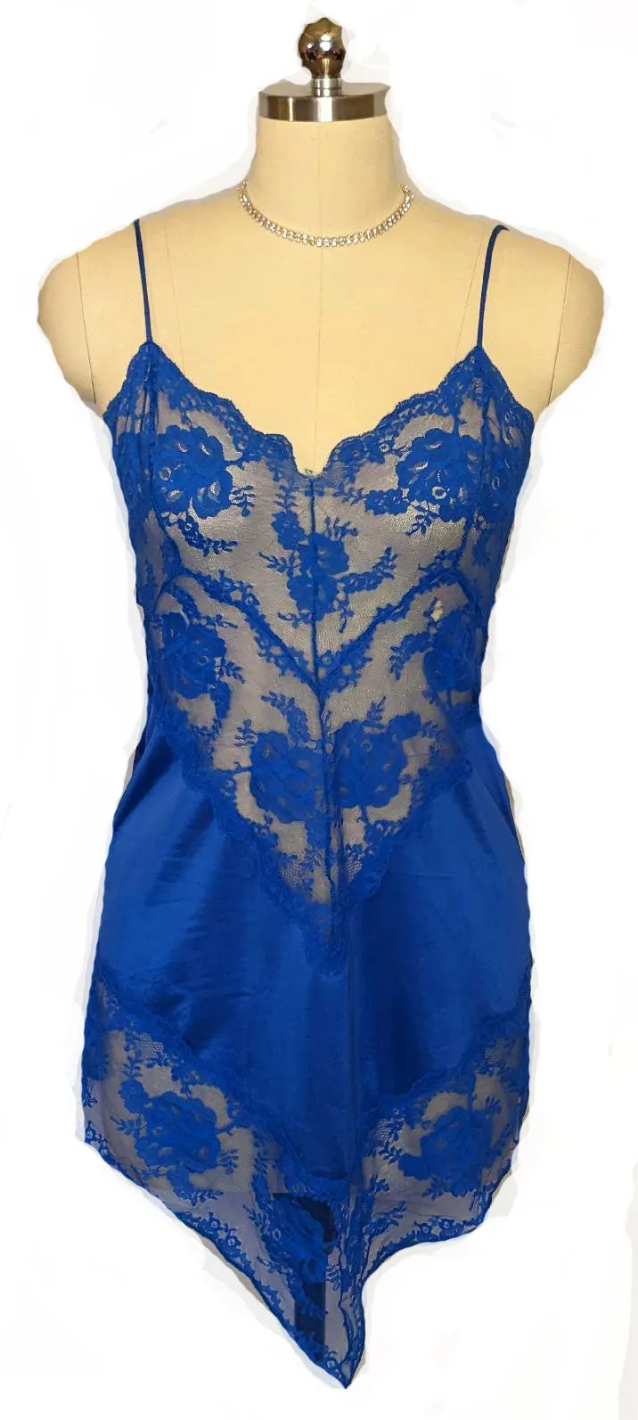 VINTAGE JENELLE OF CALIFORNIA LACE HANDKERCHIEF NIGHTGOWN IN COBALT BLUE   BLUE NIGHTGOWN DESIGNER GOWN