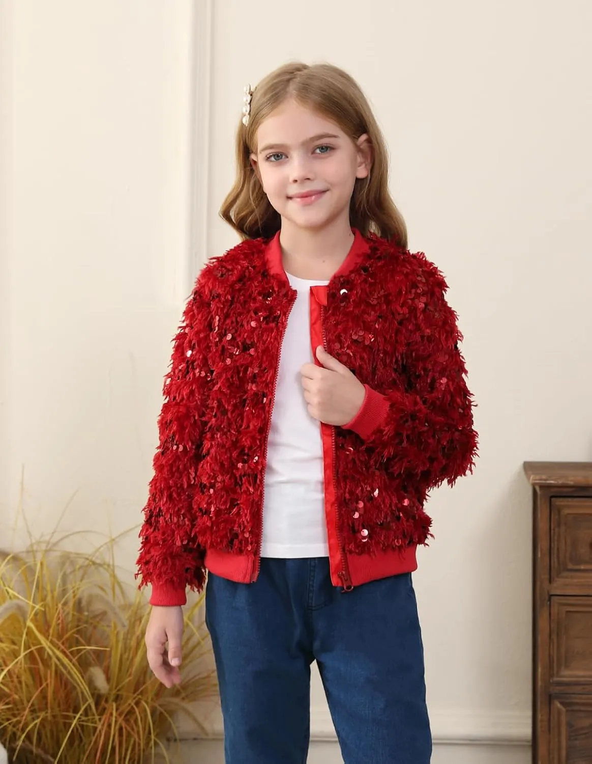 WELAKEN Girls Faux Feather Sequin Jacket Shiny Long Sleeve Zip Up Coat with Pockets 5-12Y