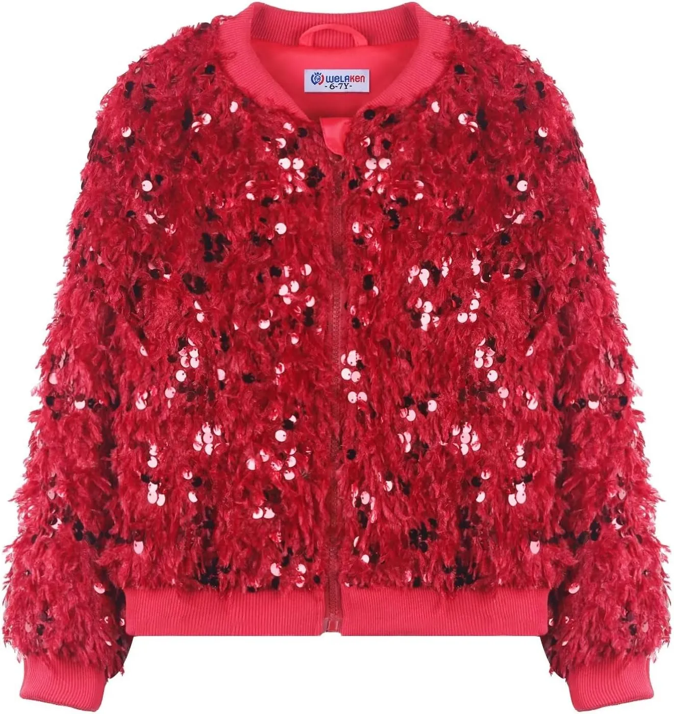 WELAKEN Girls Faux Feather Sequin Jacket Shiny Long Sleeve Zip Up Coat with Pockets 5-12Y