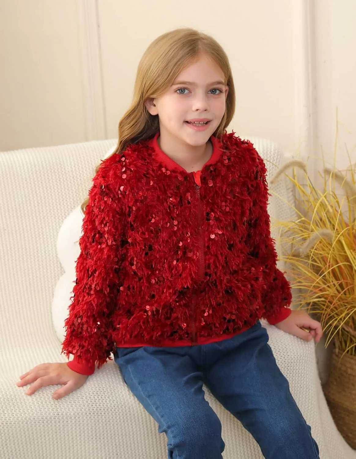 WELAKEN Girls Faux Feather Sequin Jacket Shiny Long Sleeve Zip Up Coat with Pockets 5-12Y