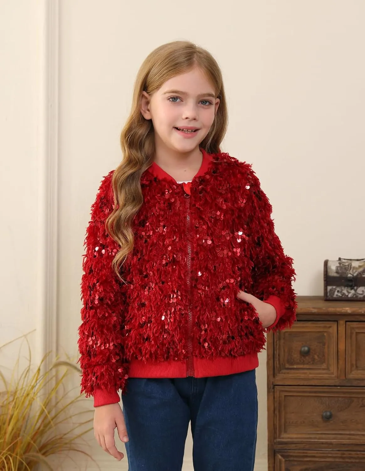 WELAKEN Girls Faux Feather Sequin Jacket Shiny Long Sleeve Zip Up Coat with Pockets 5-12Y