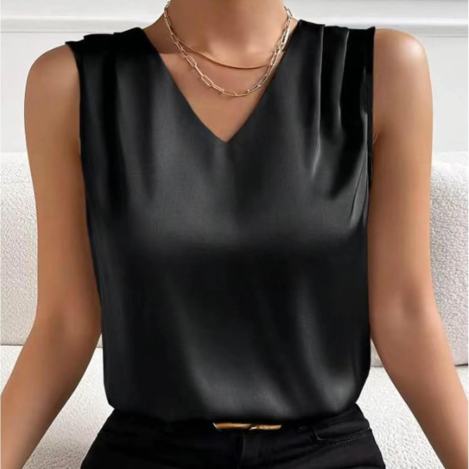 Women Summer Tank Tops V Neck Silk Satin Blouse Sleeveless Shirt Business Casual Dressy Outfit Vacation Clothes