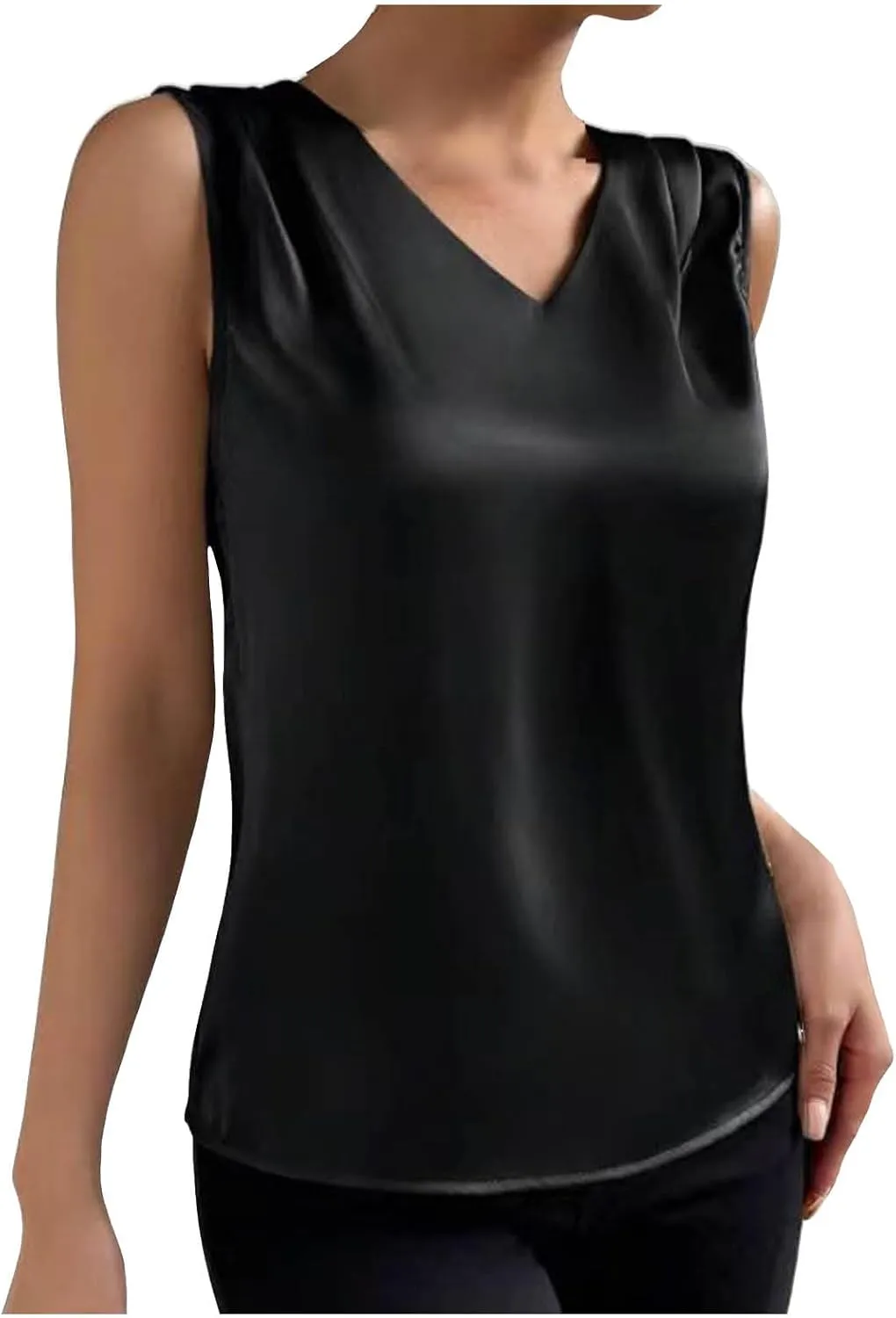 Women Summer Tank Tops V Neck Silk Satin Blouse Sleeveless Shirt Business Casual Dressy Outfit Vacation Clothes