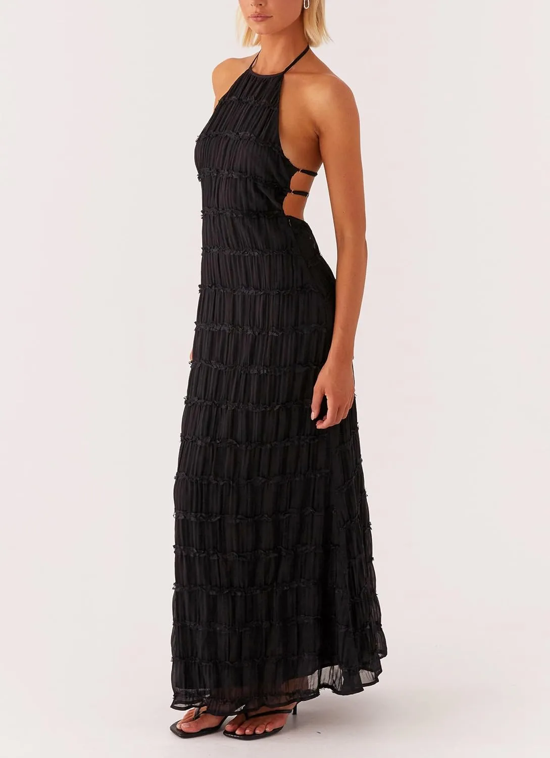 Women's Backless Smocked Maxi Dress Sexy Spaghetti Strap Cut Out Flowy Beach Long Dress Vacation Casual Sundresses