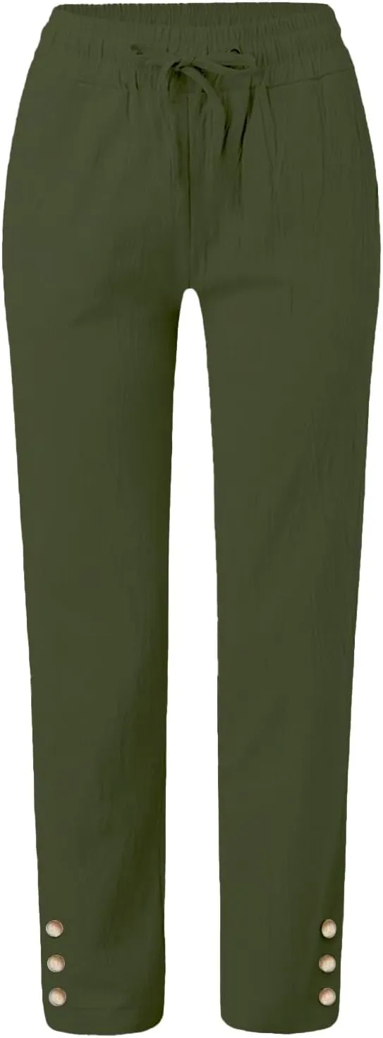 Womens Baggy Linen Pants Summer Boho Lightweight High Waist Palazzo Pants Loose Comfy Straight Leg Pants with Pockets