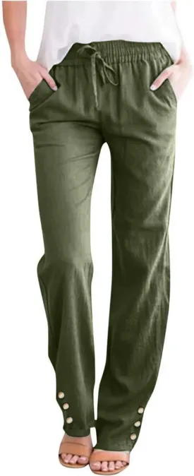 Womens Baggy Linen Pants Summer Boho Lightweight High Waist Palazzo Pants Loose Comfy Straight Leg Pants with Pockets