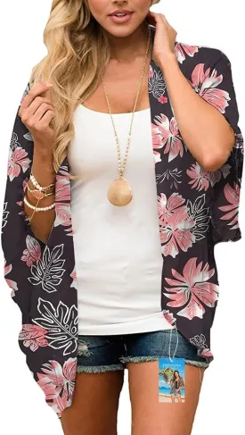 Womens Cover Ups Chiffon Floral Print Kimono Loose Shawl Cardigan Boho Summer Casual Blouse Top Sexy Beach Swimwear