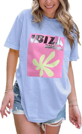 Womens Oversized Vintage Flower T-Shirts Preppy Western Graphic Tees Tops Y2k Ocean Coastal Summer Beachy T Shirts