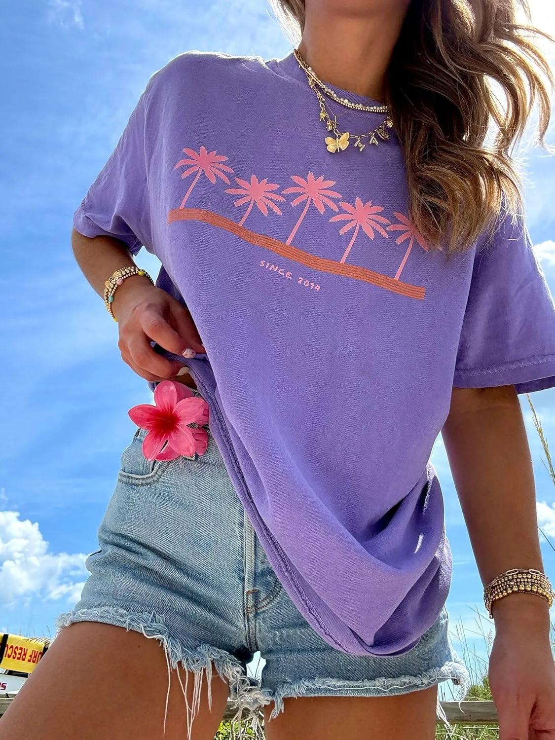 Womens Oversized Vintage Flower T-Shirts Preppy Western Graphic Tees Tops Y2k Ocean Coastal Summer Beachy T Shirts
