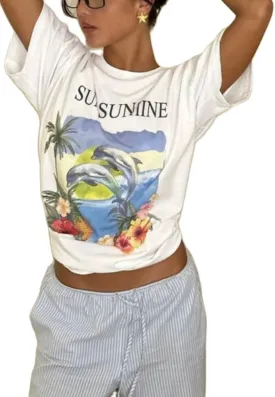 Womens Oversized Vintage Flower T-Shirts Preppy Western Graphic Tees Tops Y2k Ocean Coastal Summer Beachy T Shirts
