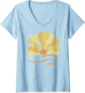Womens Retro Minimalistic Sun Waves Ocean Beachy Surf V-Neck T-Shirt