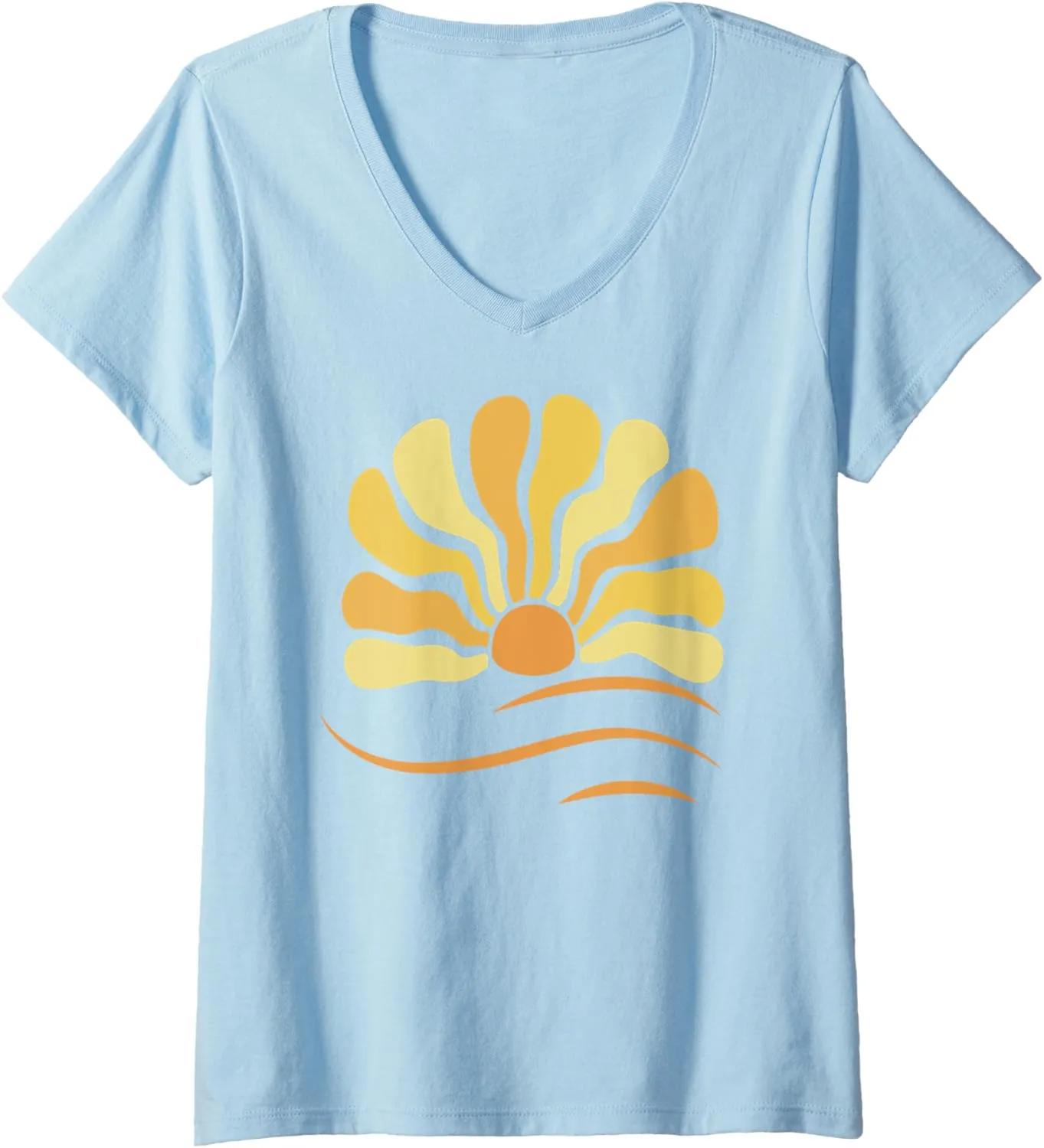 Womens Retro Minimalistic Sun Waves Ocean Beachy Surf V-Neck T-Shirt