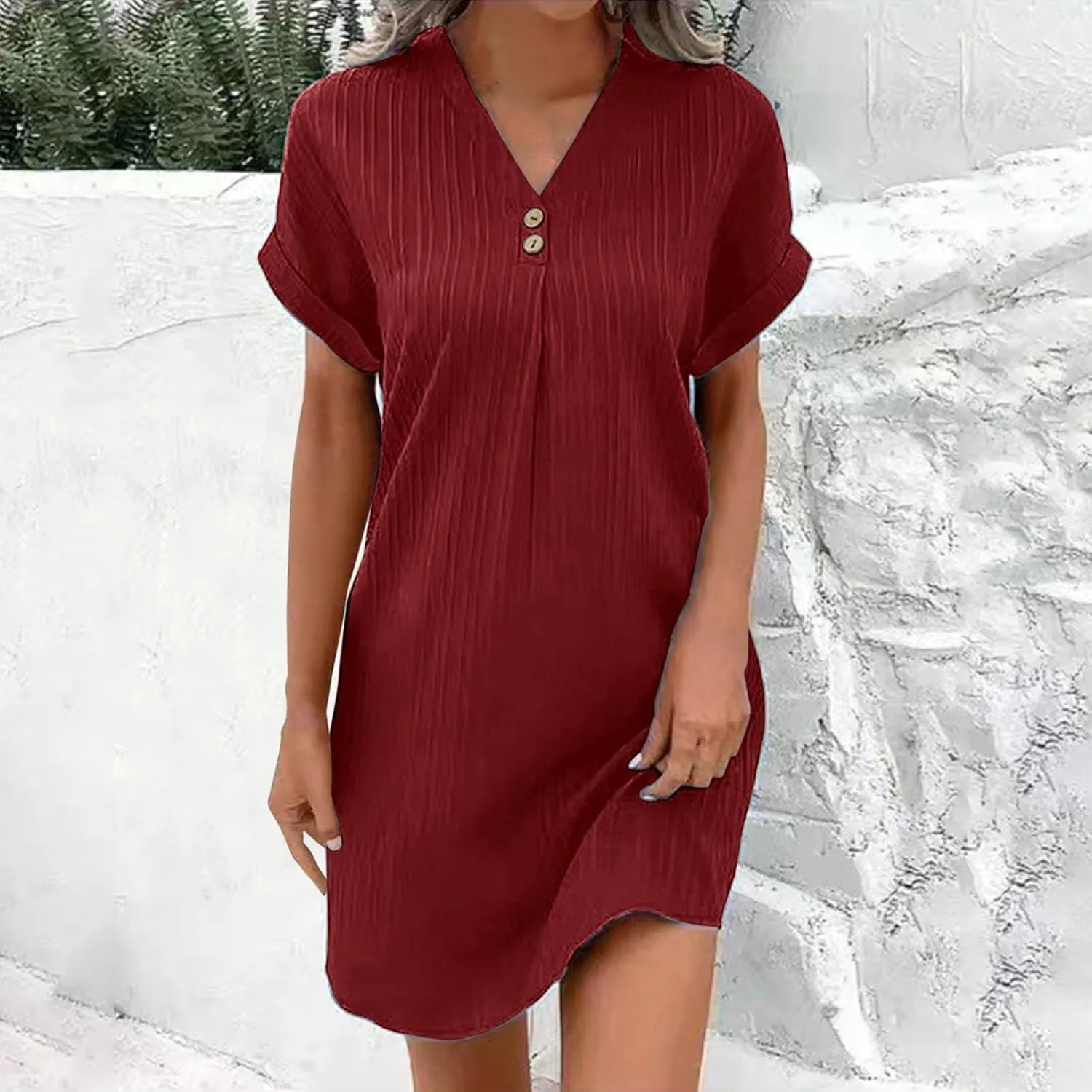 Womens Short Sleeve Casual Summer Dress V Neck Boho Beach Mini T Shirt Dress Dressy Work Button Down Swing Dresses