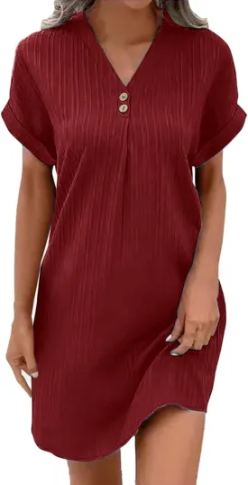 Womens Short Sleeve Casual Summer Dress V Neck Boho Beach Mini T Shirt Dress Dressy Work Button Down Swing Dresses