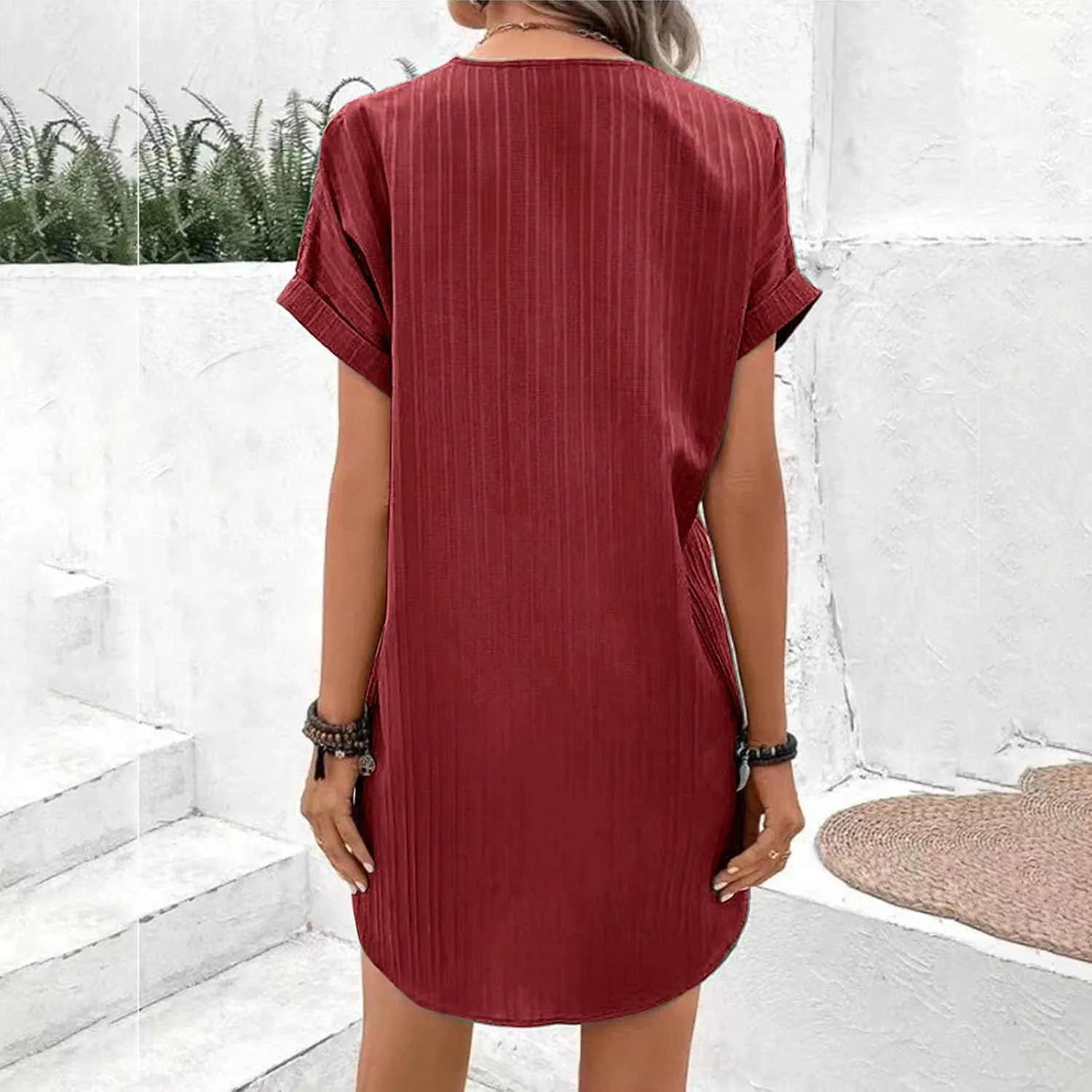 Womens Short Sleeve Casual Summer Dress V Neck Boho Beach Mini T Shirt Dress Dressy Work Button Down Swing Dresses
