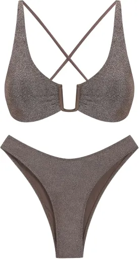 ZAFUL Women's Two Piece Swimsuit Textured U-Wired Metal Criss Cross String Bikini High Leg Bathing Suits