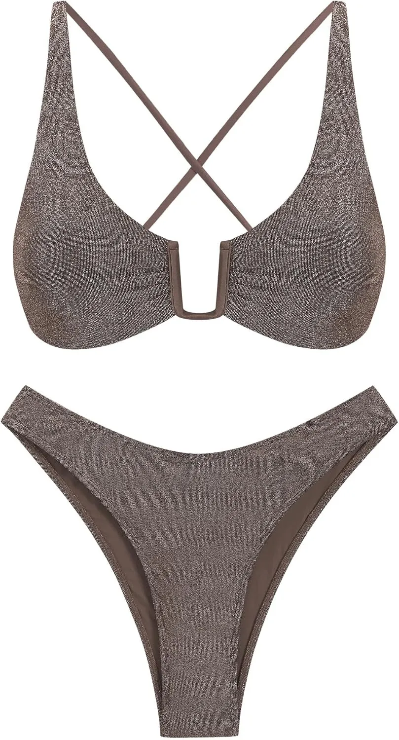 ZAFUL Women's Two Piece Swimsuit Textured U-Wired Metal Criss Cross String Bikini High Leg Bathing Suits