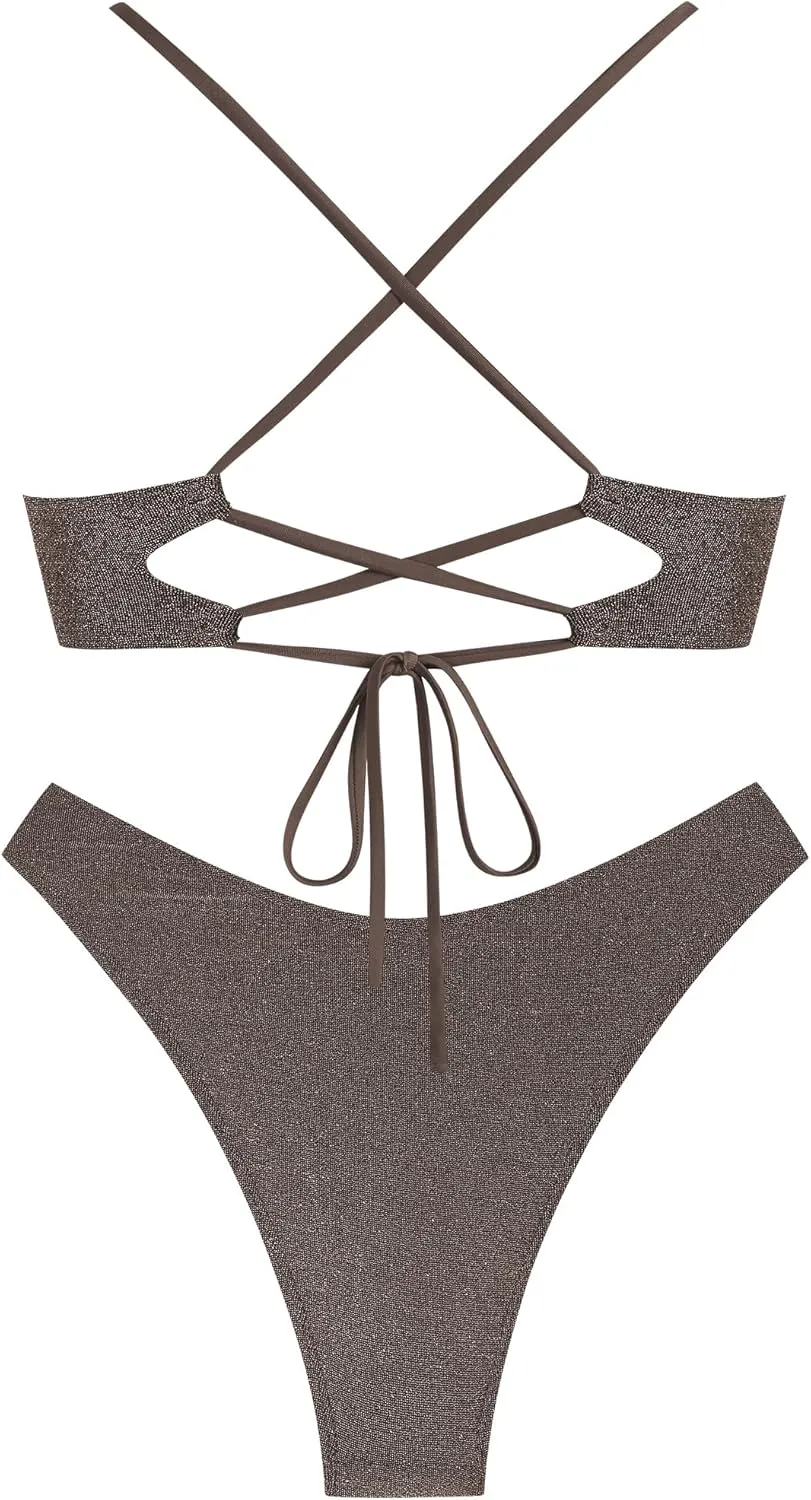 ZAFUL Women's Two Piece Swimsuit Textured U-Wired Metal Criss Cross String Bikini High Leg Bathing Suits
