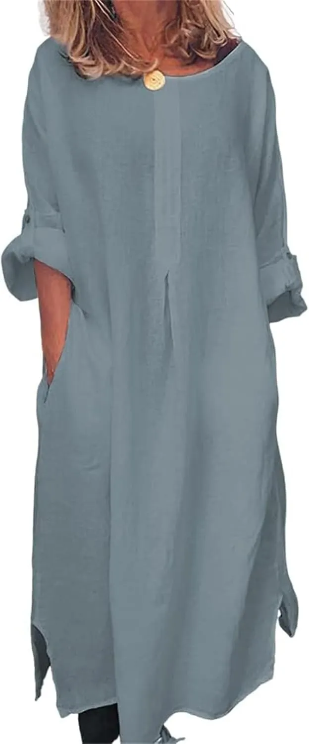 ZWRXW Linen Dresses for Women 2024 Solid Plus Size Loose Maxi Dress Summer Casual 3/4 Sleeve Baggy Shirt Dress with Pockets