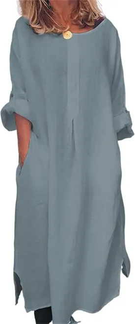 ZWRXW Linen Dresses for Women 2024 Solid Plus Size Loose Maxi Dress Summer Casual 3/4 Sleeve Baggy Shirt Dress with Pockets